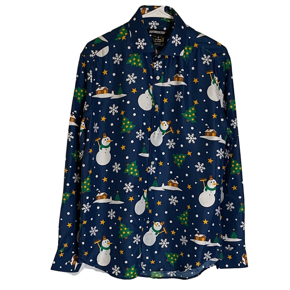 SUITMEISTER Christmas Snowman Casual Button Down Shirt, Men’s M, Blue White